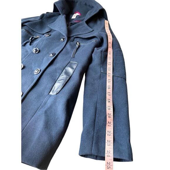 RUD By Rudsak Double Breasted Blue Pea Coat With Leather Trim Pockets - Picture 8 of 10